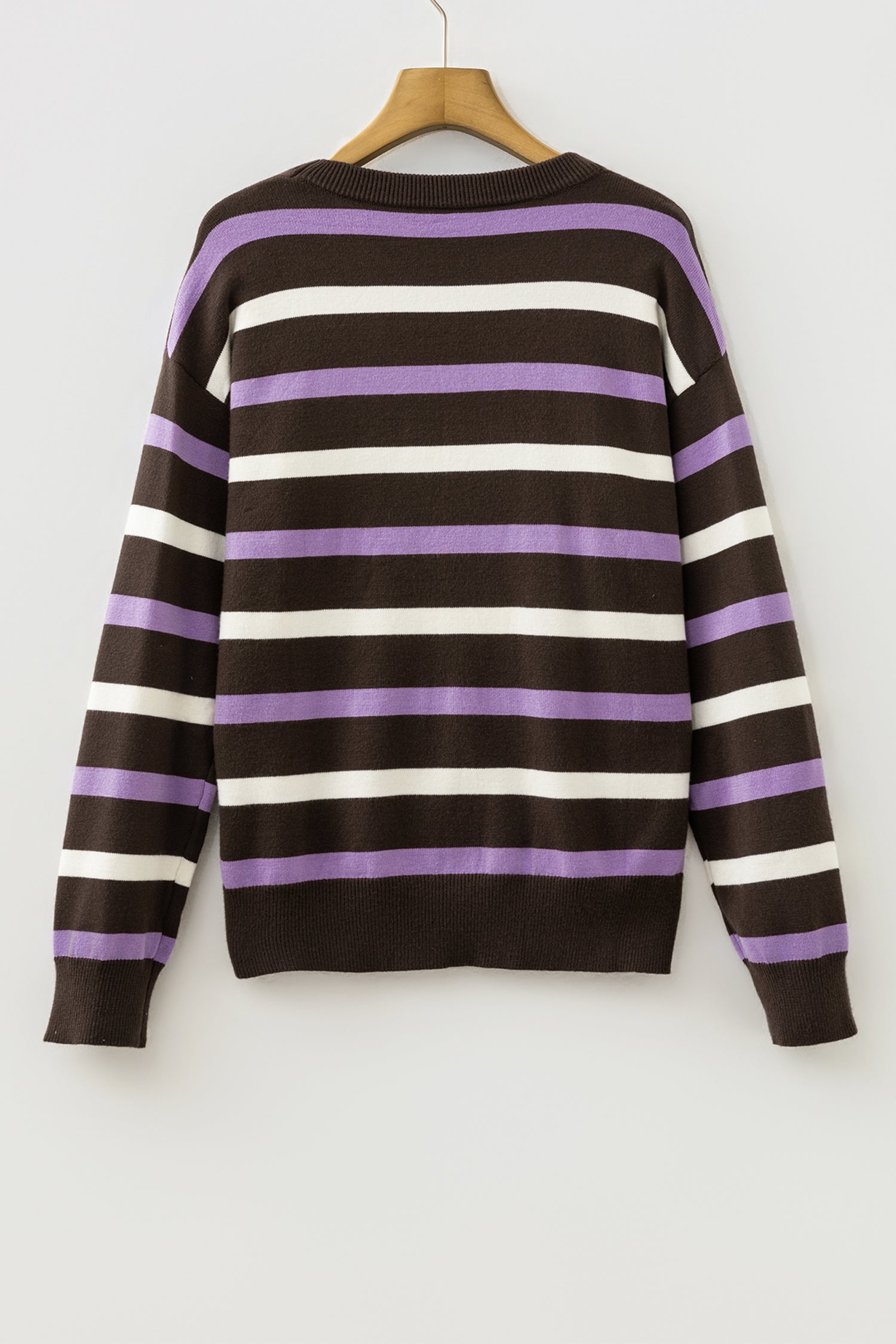 Embroidered Detail Drop Shoulder Pullover Sweater – Brown Stripe