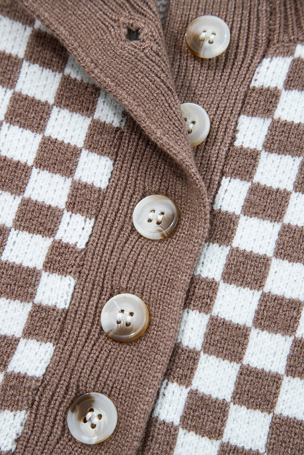 Dark Brown Half Button Ribbed Trim Checkerboard Knit Sweater eAura