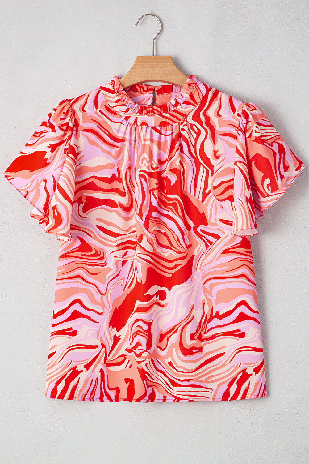 Red Abstract Print Ruffled Short Sleeve Mock Neck Blouse eAura