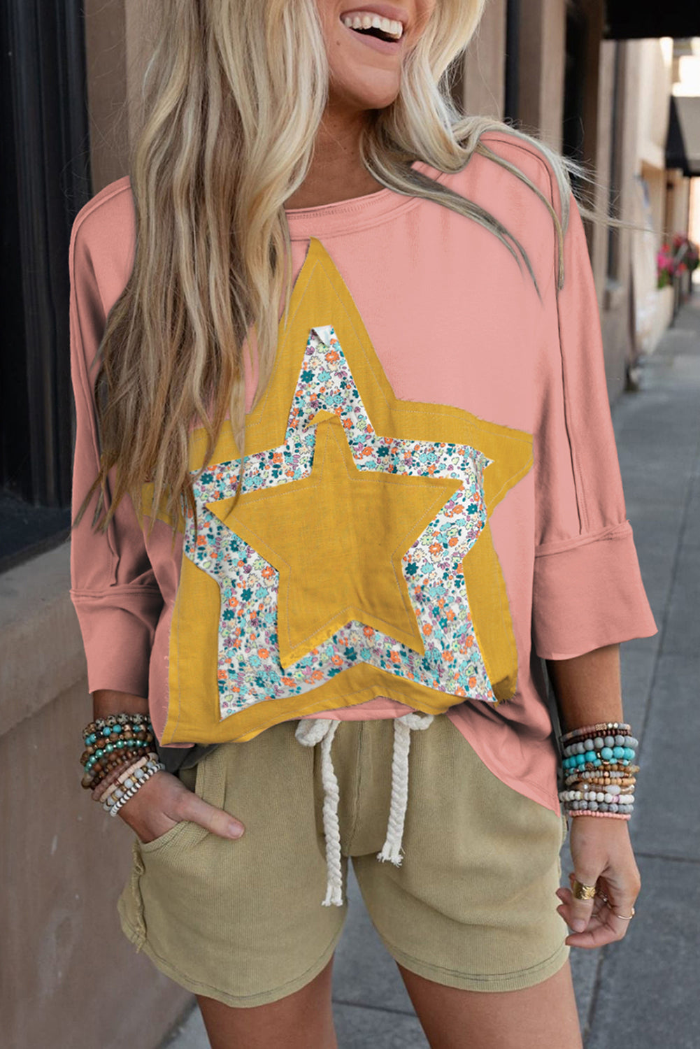 Rose Tan Floral Starbust Exposed Seam Mineral Wash Top eAura
