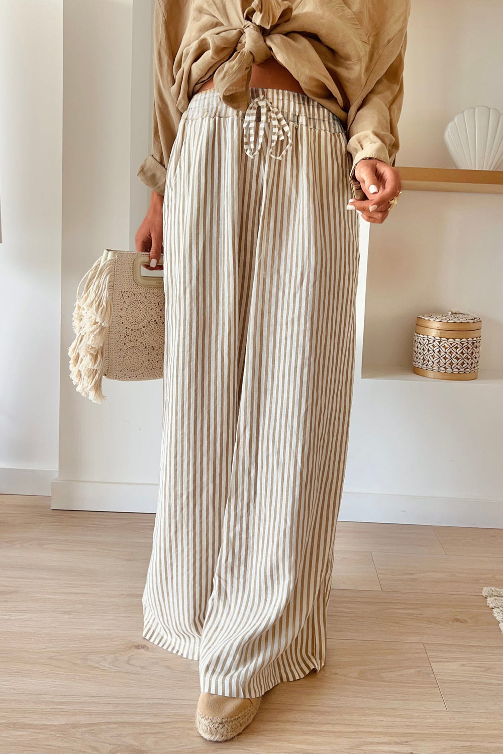 Khaki Stripe Print Wide Leg Drawstring Trousers eAura