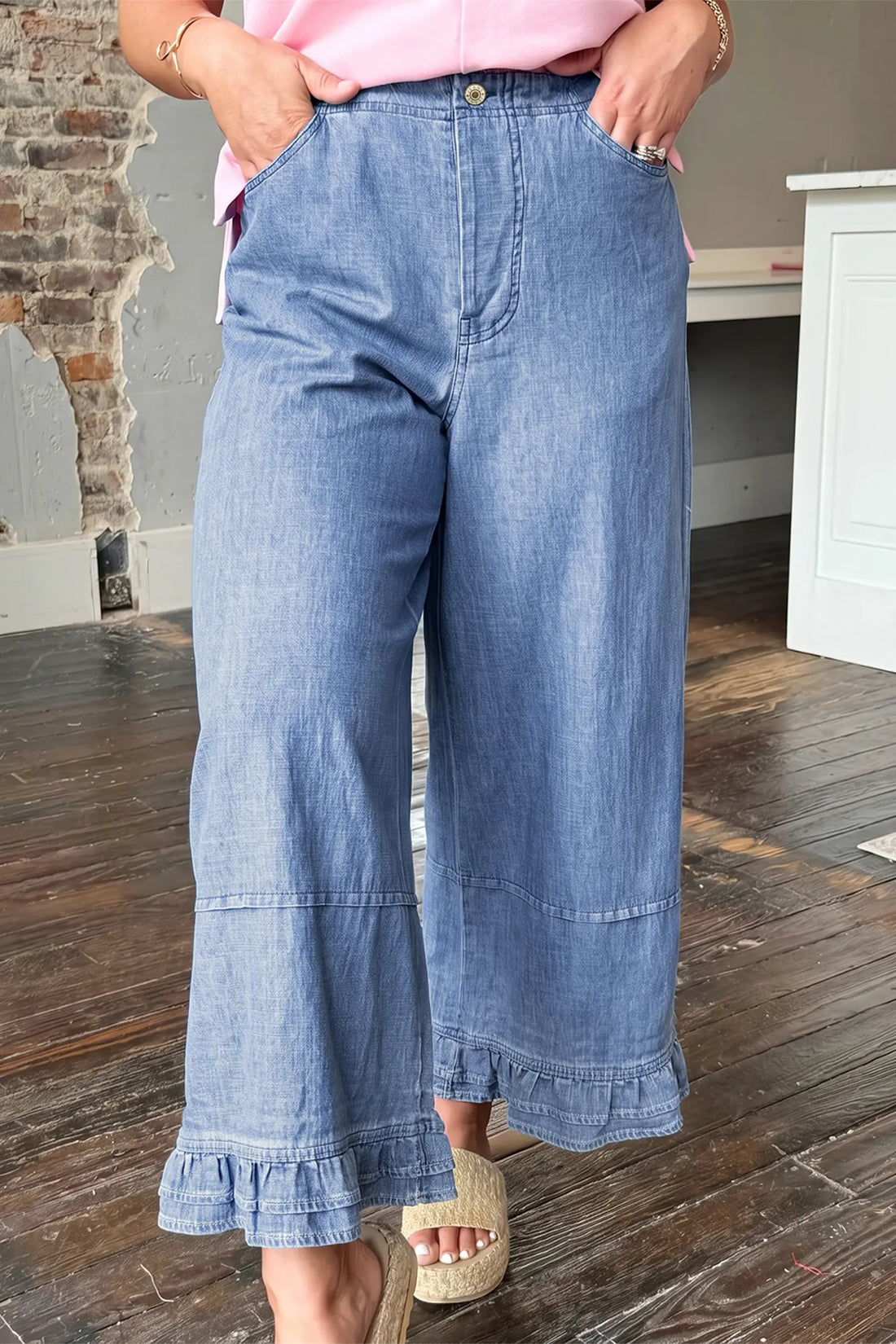 Ruffle Hem Wide Leg Full Length Plus Size Jeans – Light Blue