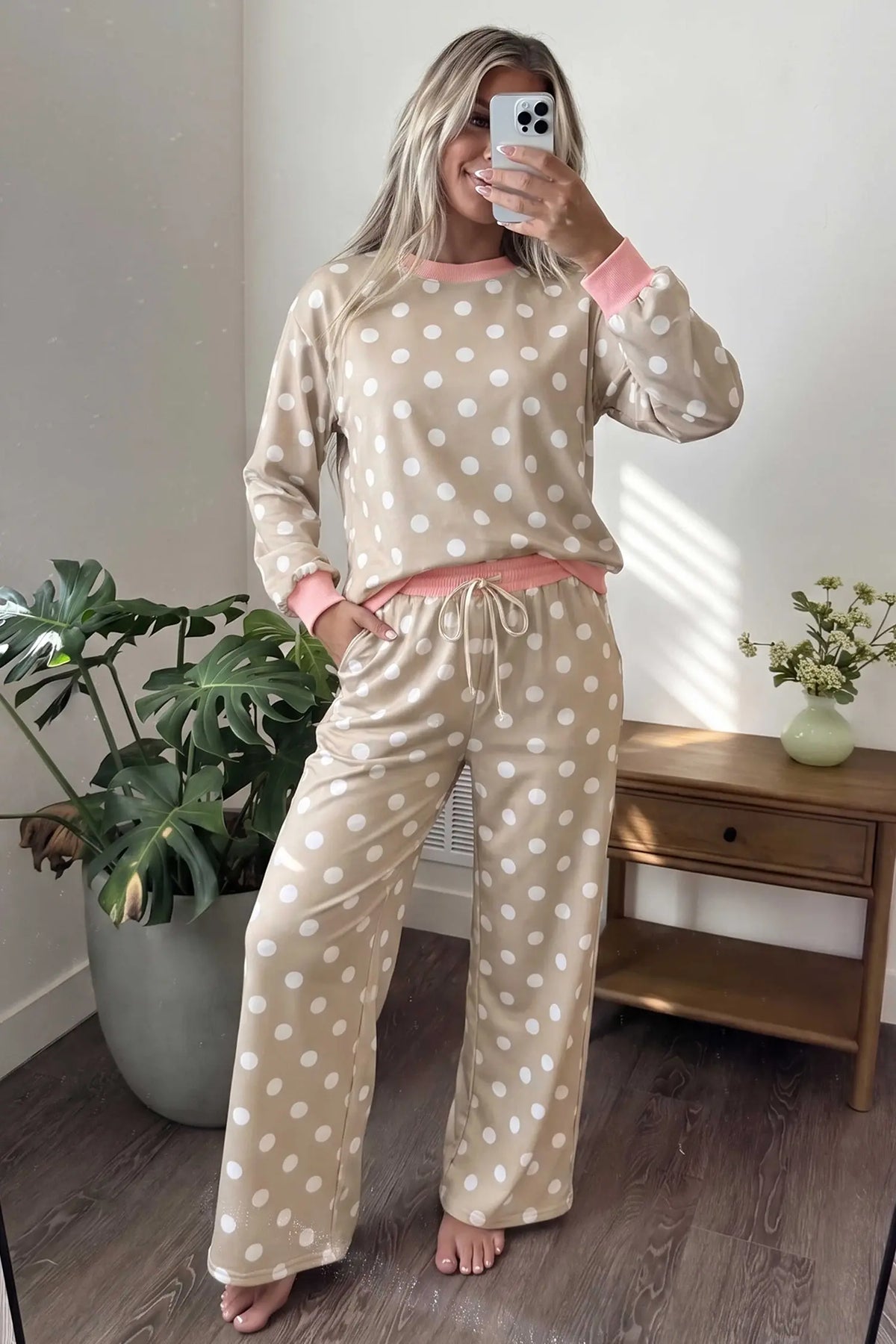 Polka Dot Contrast Trim Long Sleeve Top Drawstring Shift Pants Set – Khaki