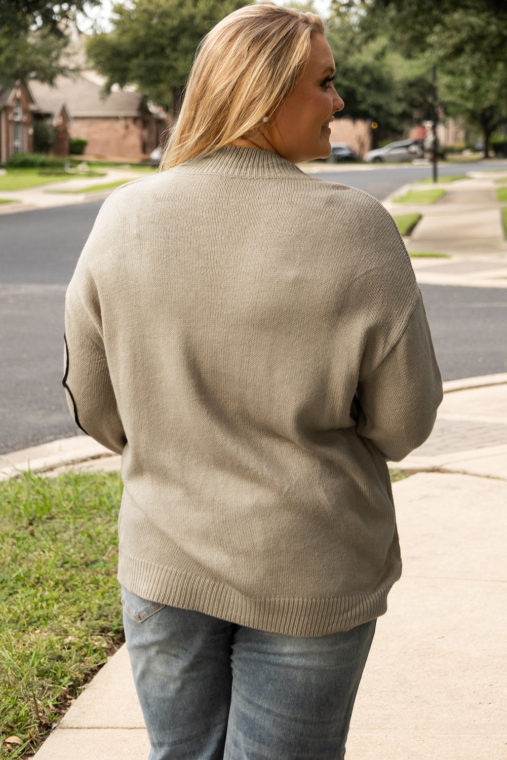 Dark Khaki Plus Size Big Flower Pattern High Neck Drop Shoulder Sweater BB Fashion Outlet
