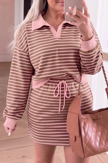 Striped Drawstring Waist Long Sleeve Top Mini Skort Set – Brown Stripe