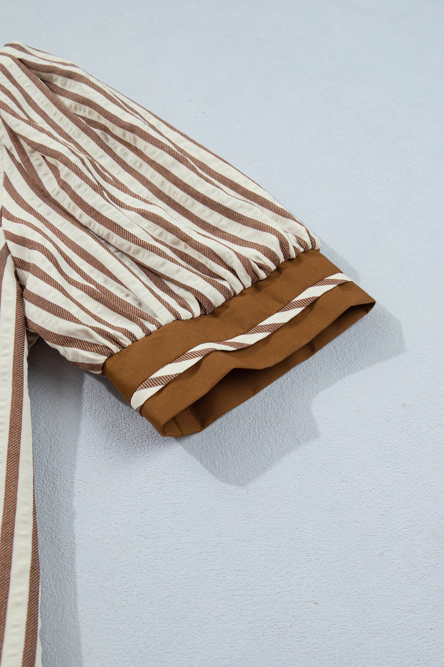 Shirt Collar Color Block Patchwork Trim Ruffle Hem Short Dress – Brown Stripe