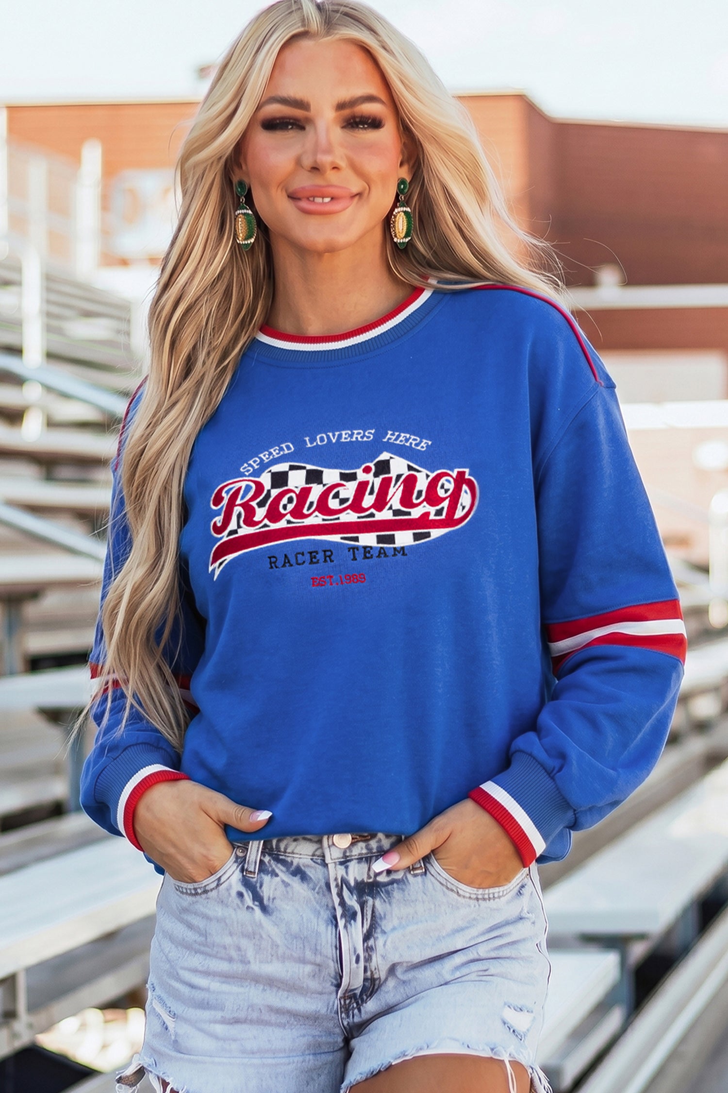 Abstract Racing Graphic Embroidered Patchwork Long Sleeve Sweatshirt – Sky Blue