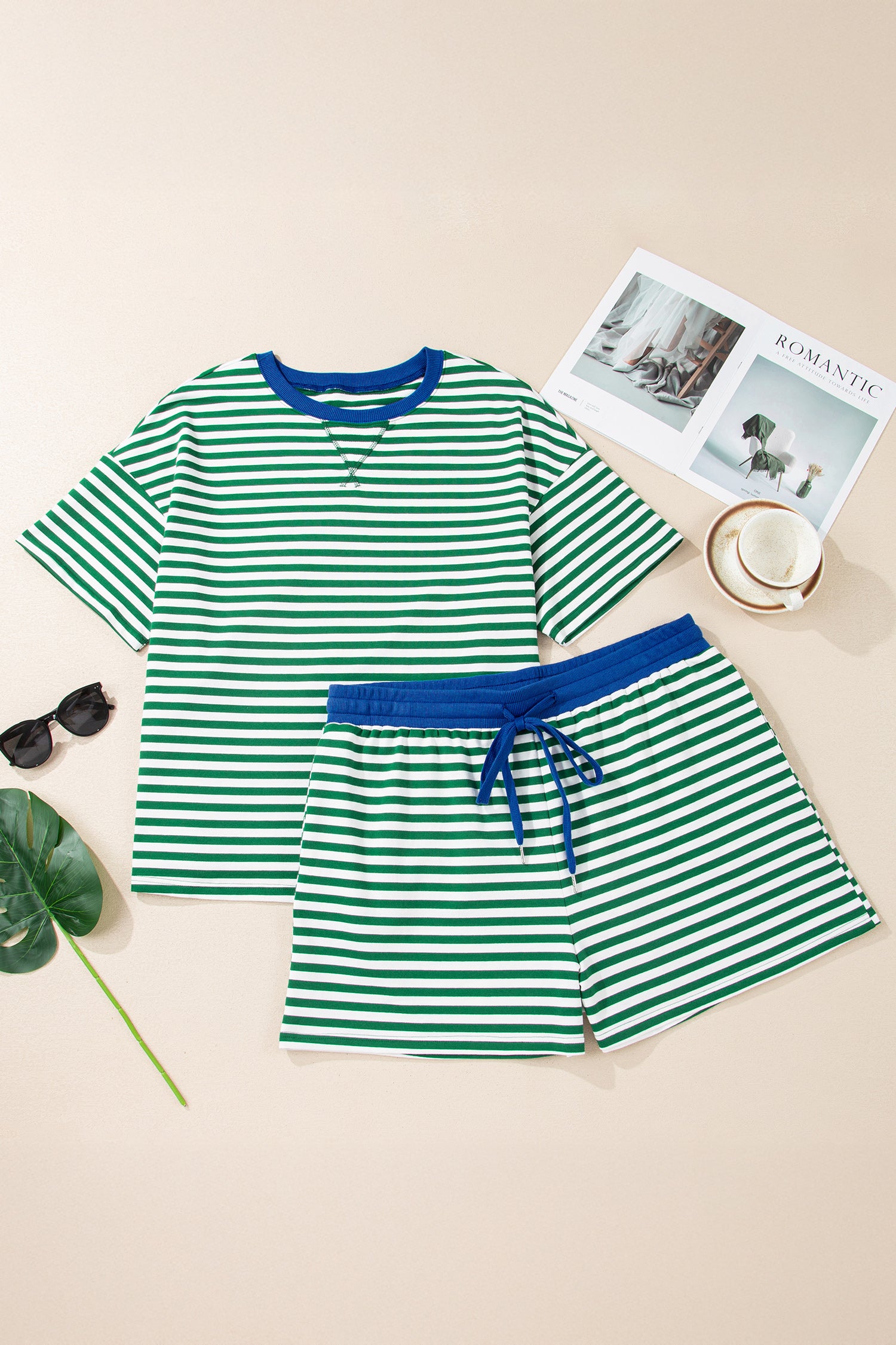 Stripe Boxy Tee Drawstring Elastic Waist Plus Size Short Co-ord Set