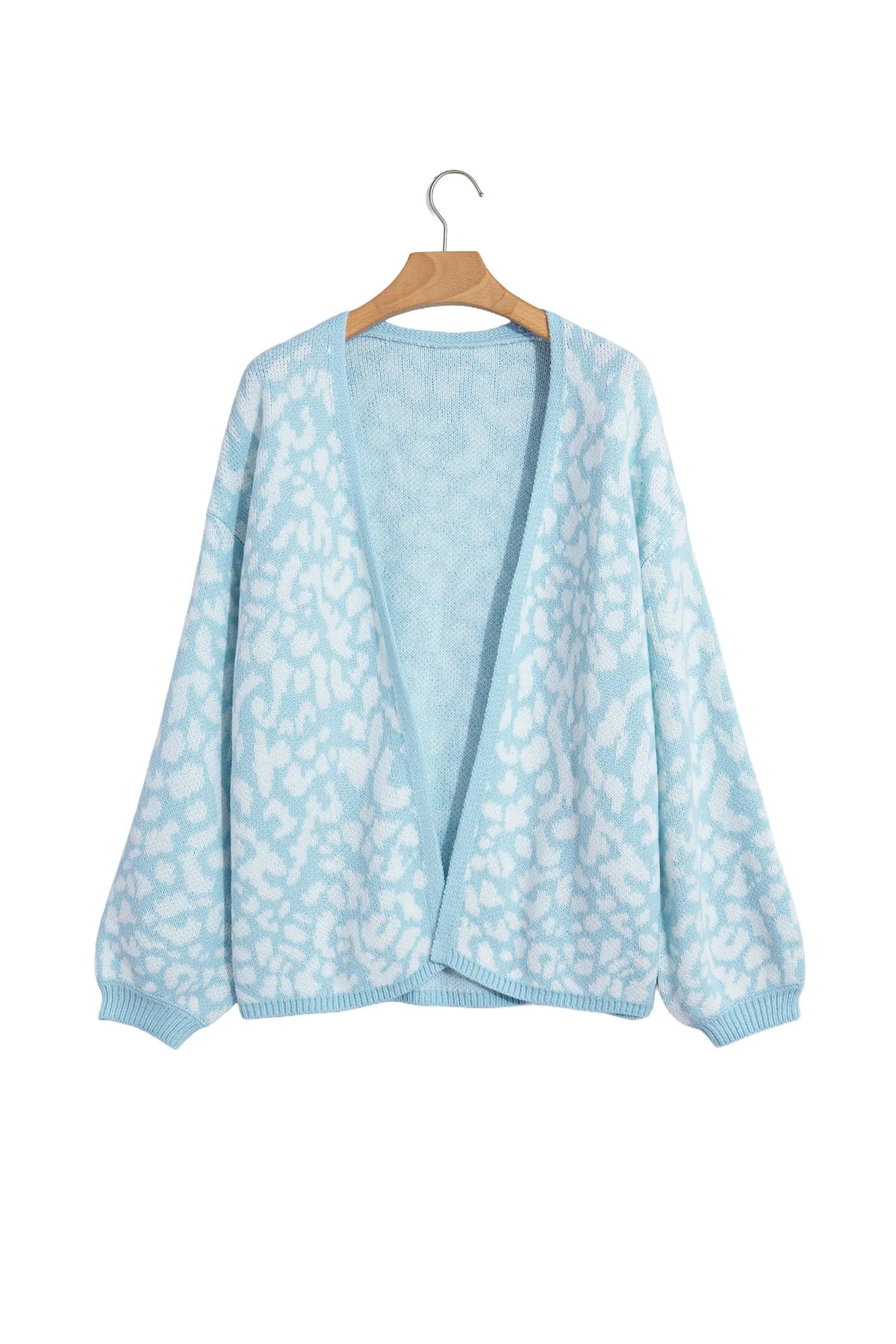 Light Blue Leopard Print V Neck Long Sleeve Loose Fit Knit Cardigan