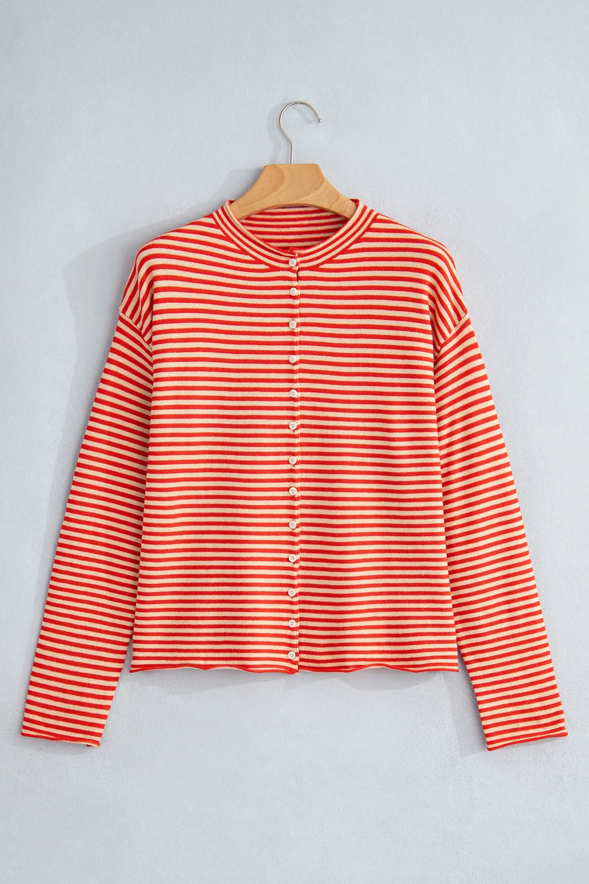 Striped Button Collar Long Sleeve Knit Cardigan – Red Stripe