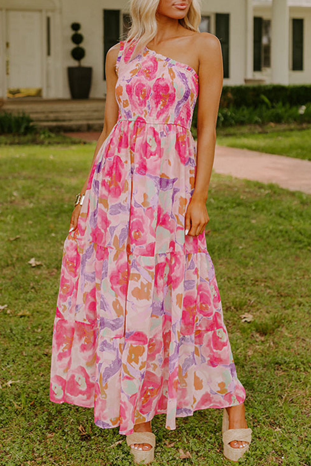 Pink Abstract Floral Print Shirred One Shoulder Maxi Dress eAura