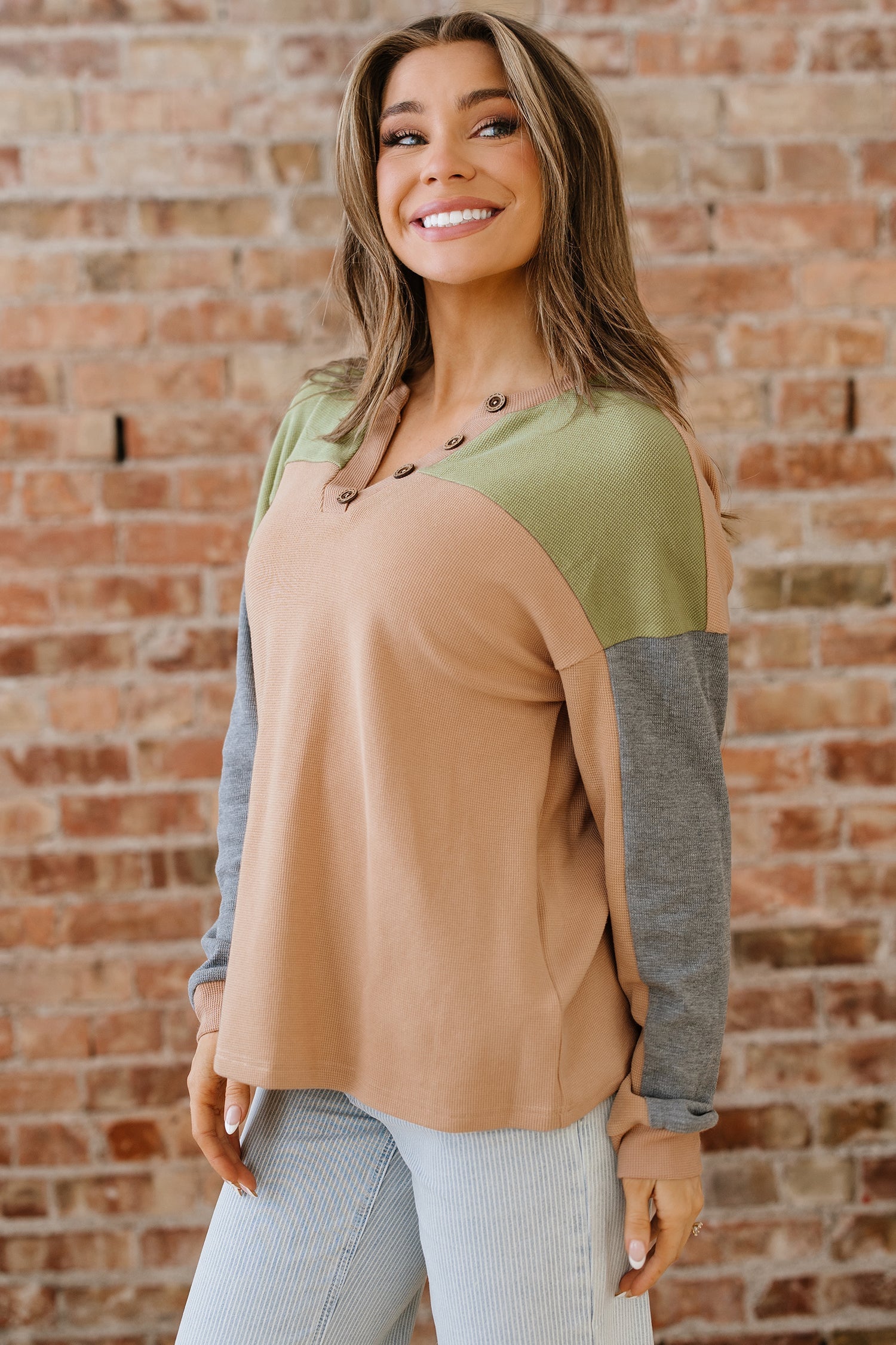 Textured Drop Shoulder Henley Top - eAura
