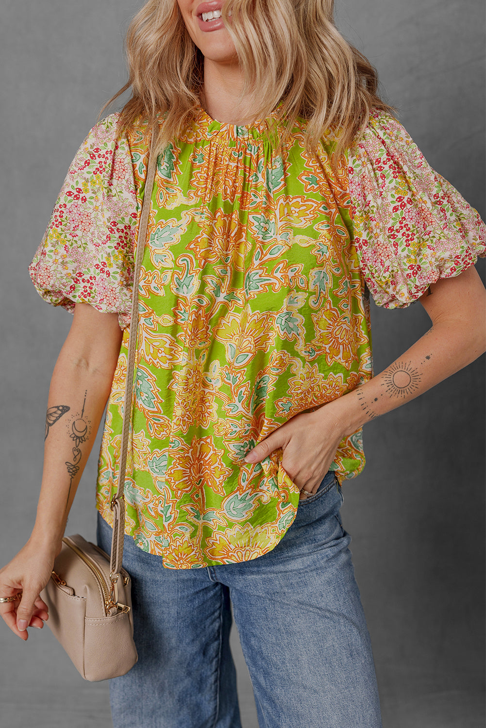 Paisley Print Contrast Bubble Sleeve Patchwork Blouse eAura