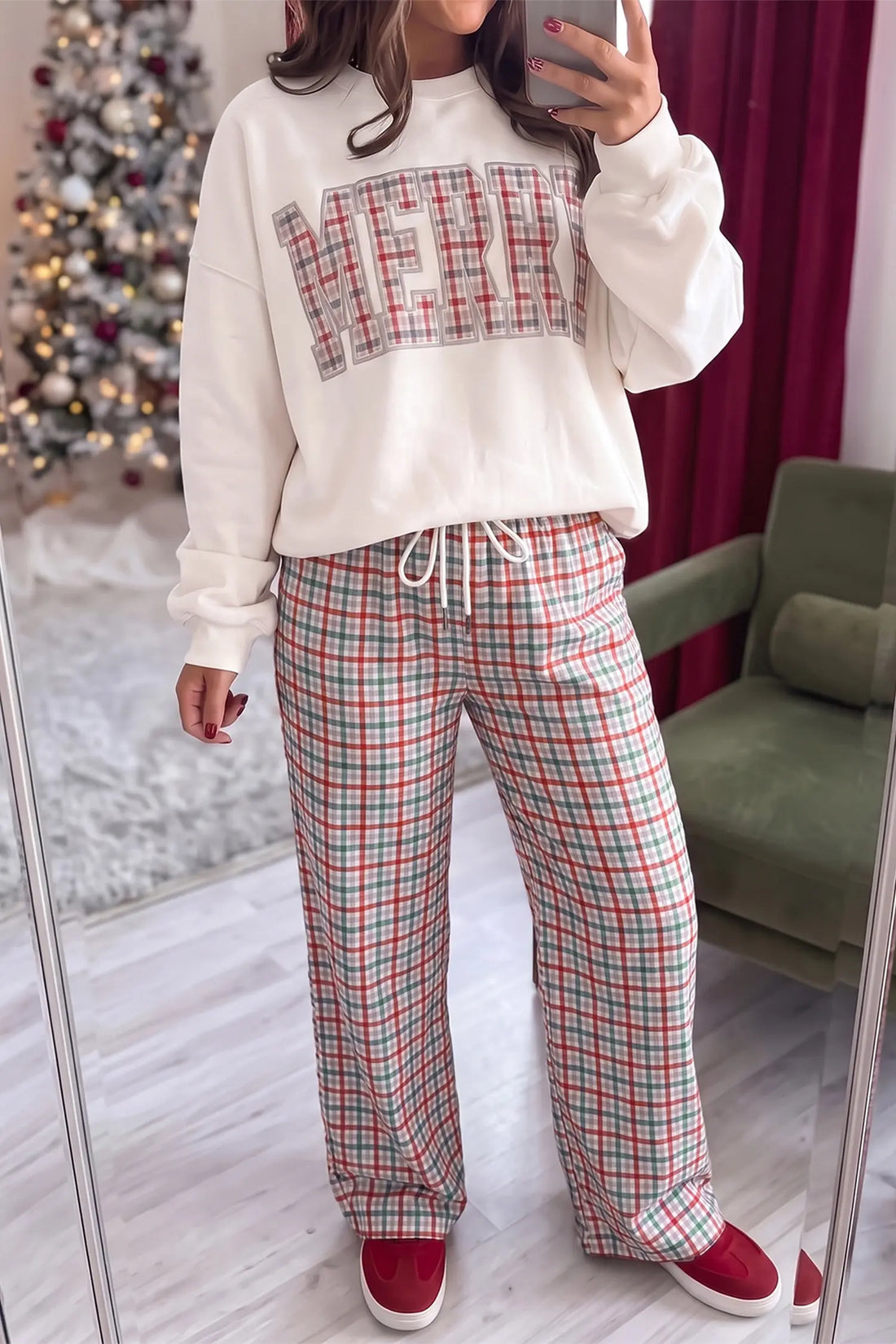 Festive Plaid Drawstring Elastic Waist Pants