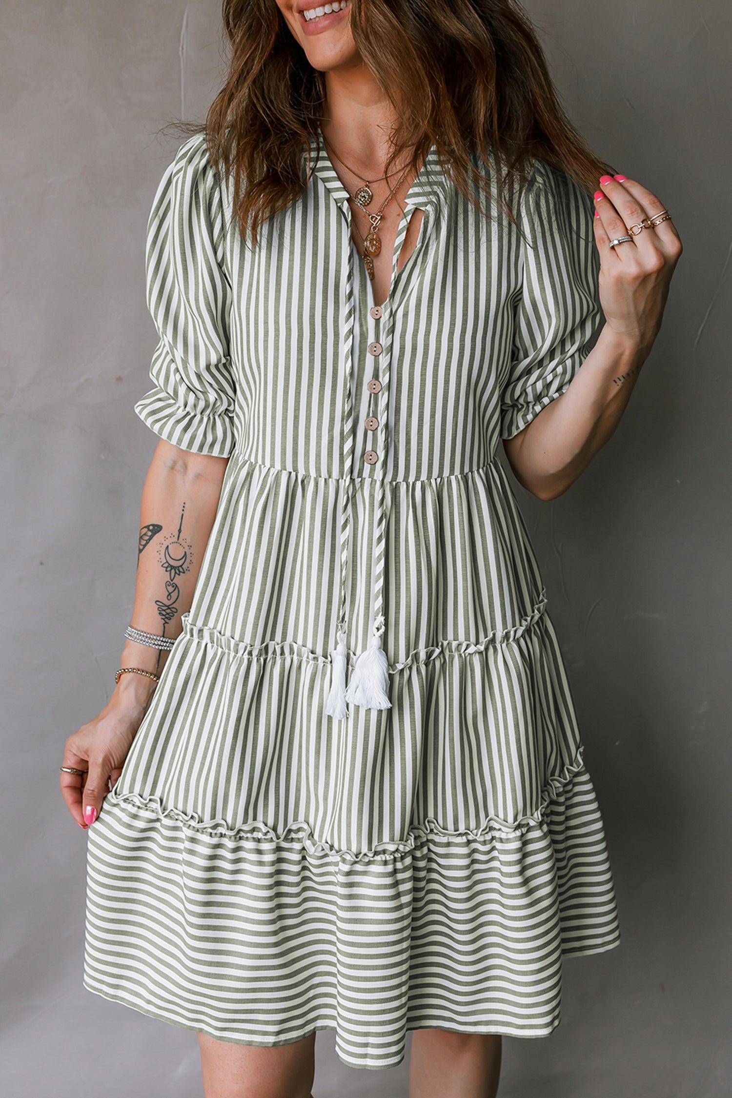 Stripe Tasseled Tie Neck Ruffled Short Sleeve Tiered Dress
