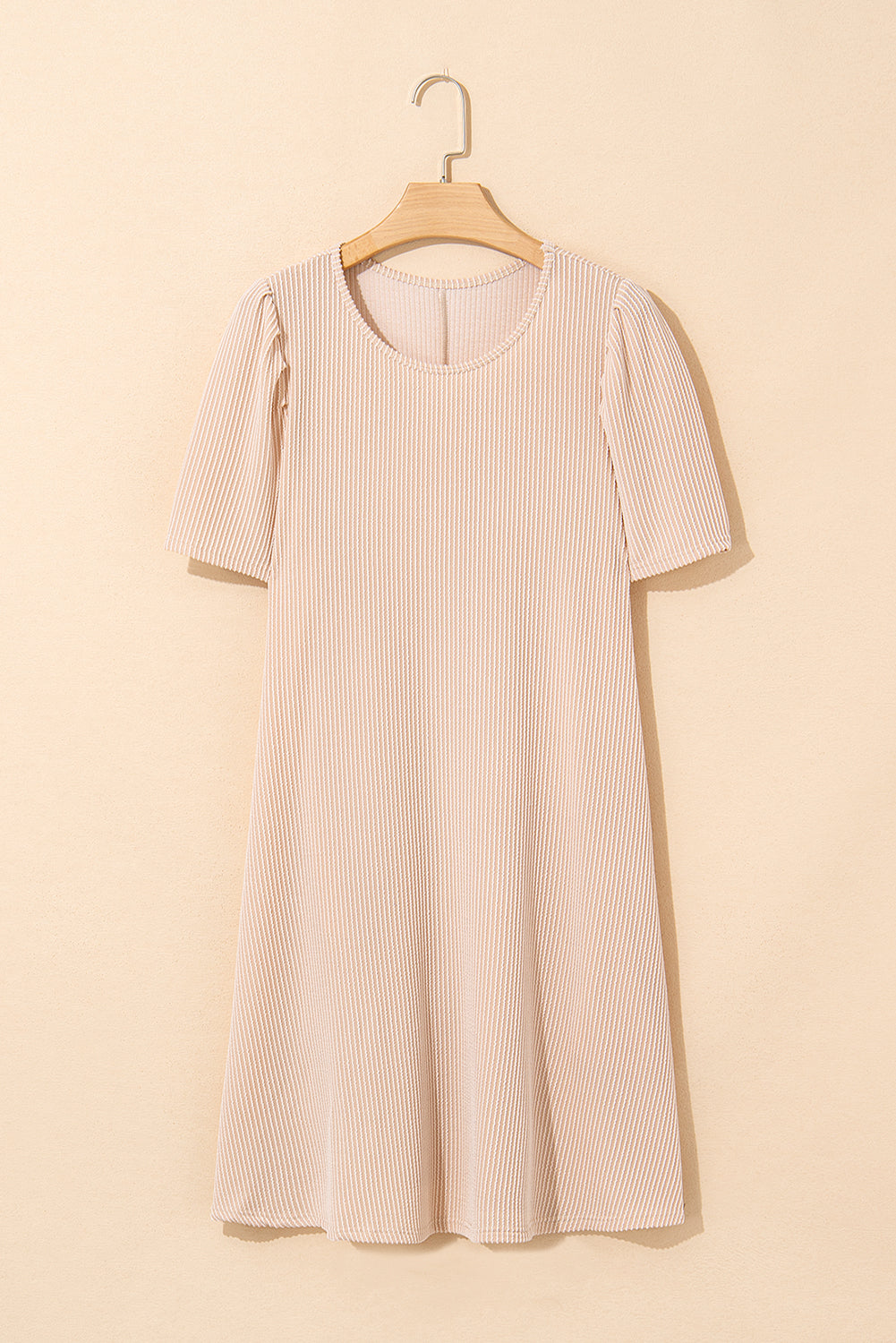 Ribbed Knit Crew Neck Puff Sleeve Shift Mini Dress eAura