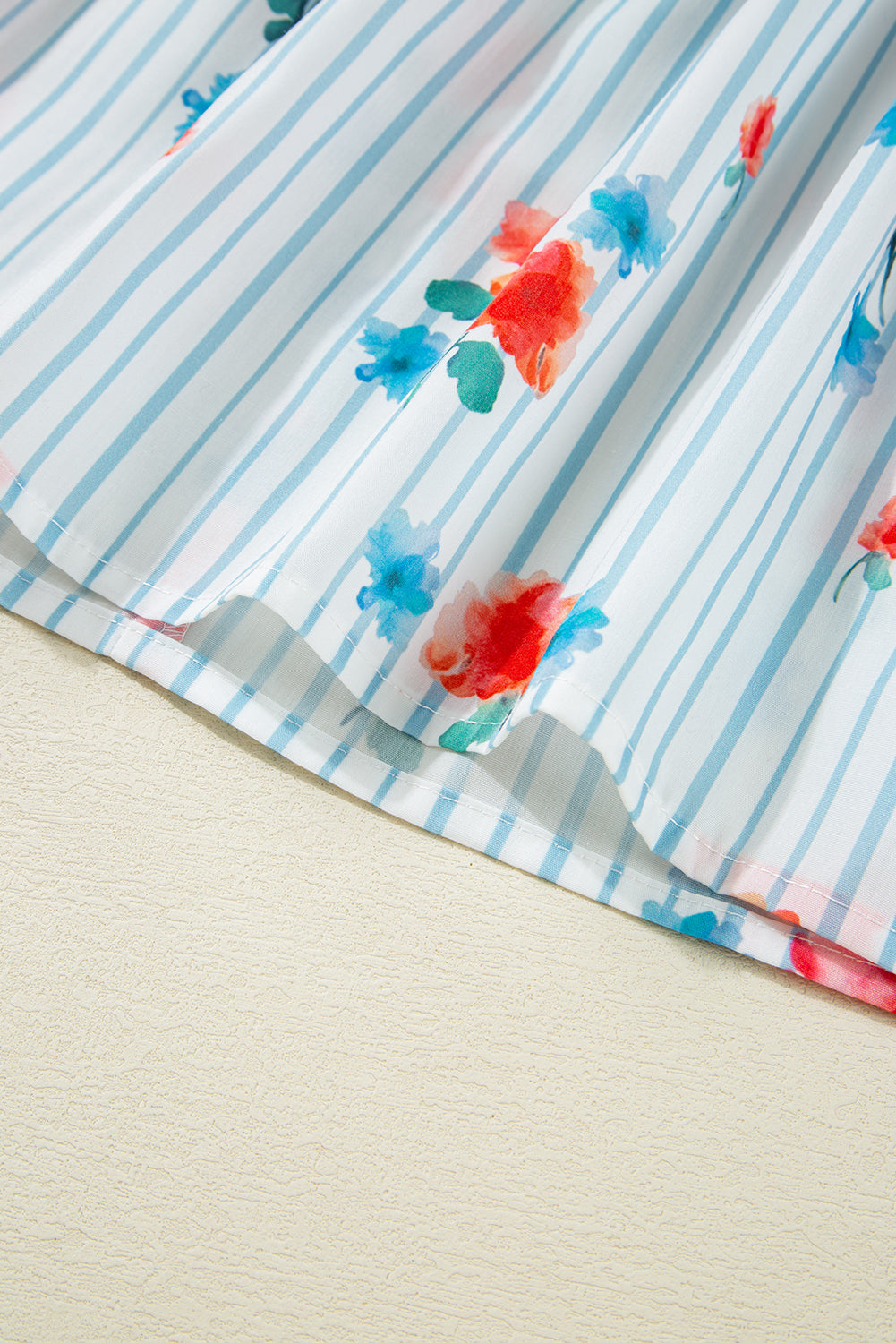 Sky Blue Stripe Floral Pattern Ruffle Short Sleeve Belted Mini Dress eAura