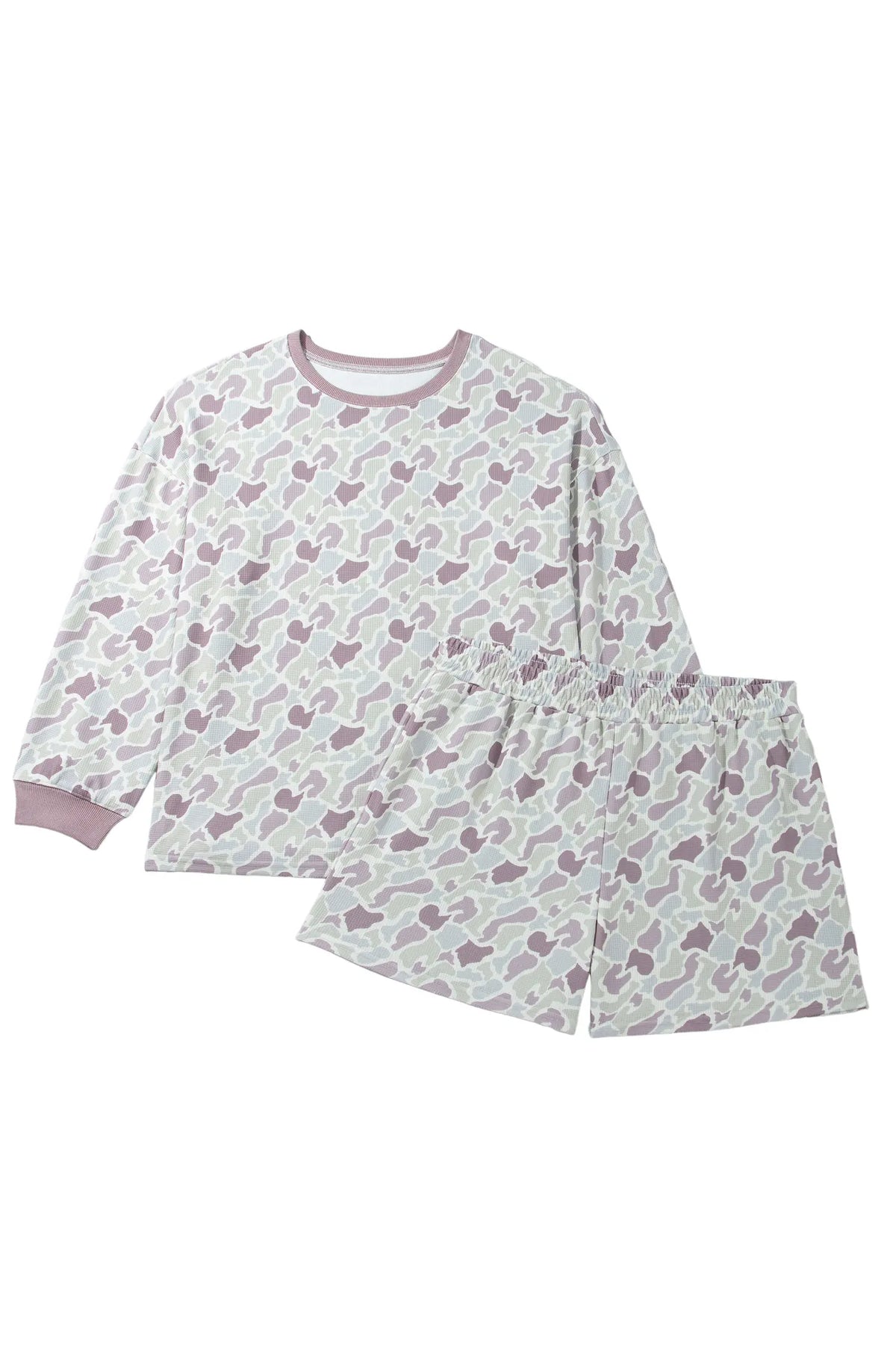 Camouflage Print Waffle Textured Pullover and Shorts Plus Size 2pcs Set – Green