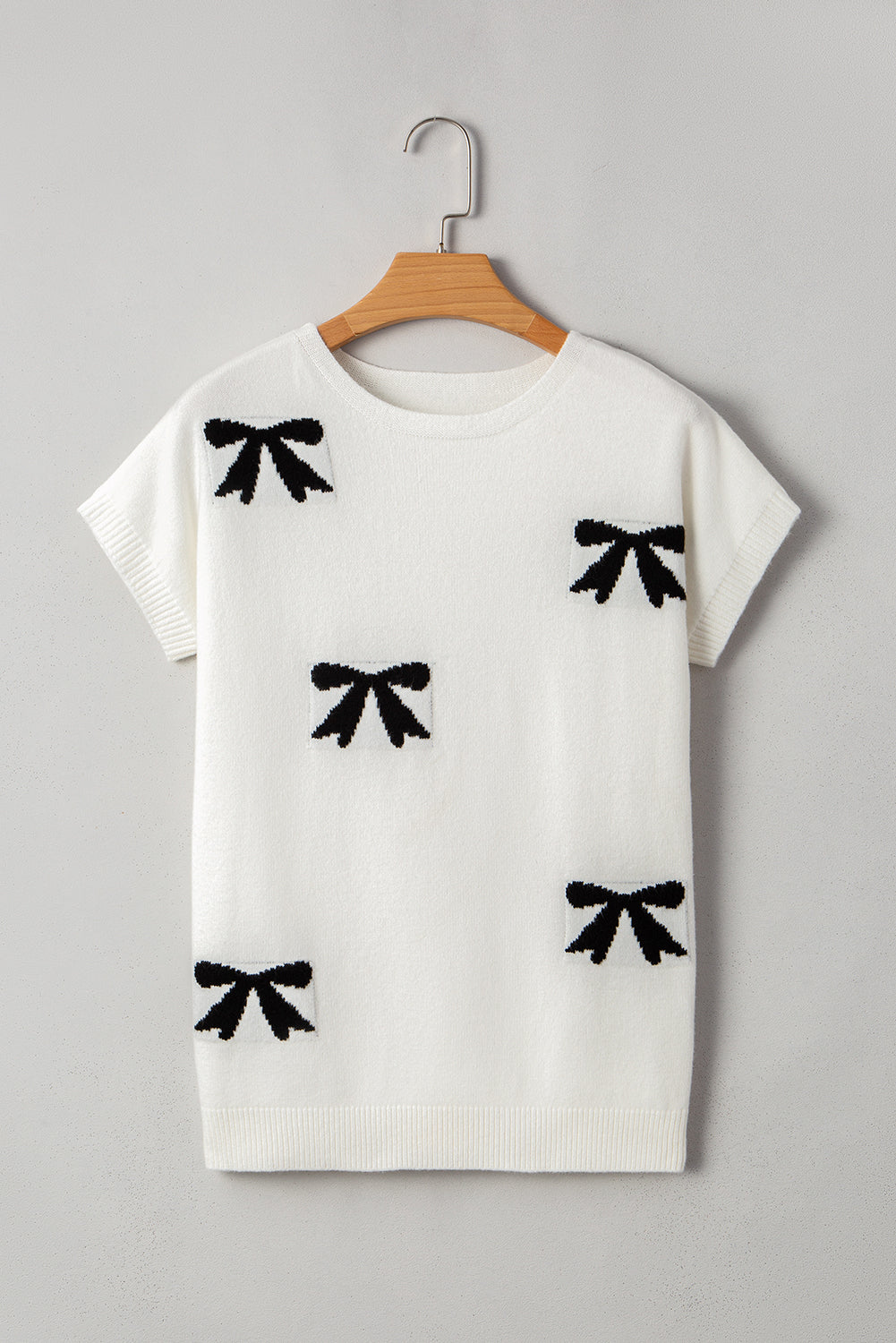 Bow Pattern Knit Short Sleeve White Sweater eAura