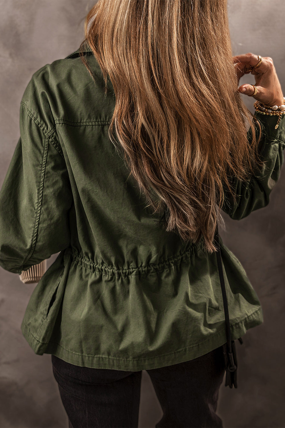 Moss Green Snap Button Zipper Tight Waist Collared Jacket eAura