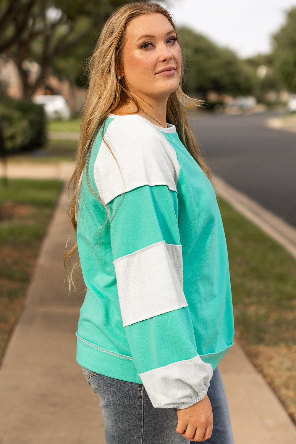 Aruba Blue Colourblock Patchwork Cross Seam Plus Sweatshirt BB Fashion Outlet