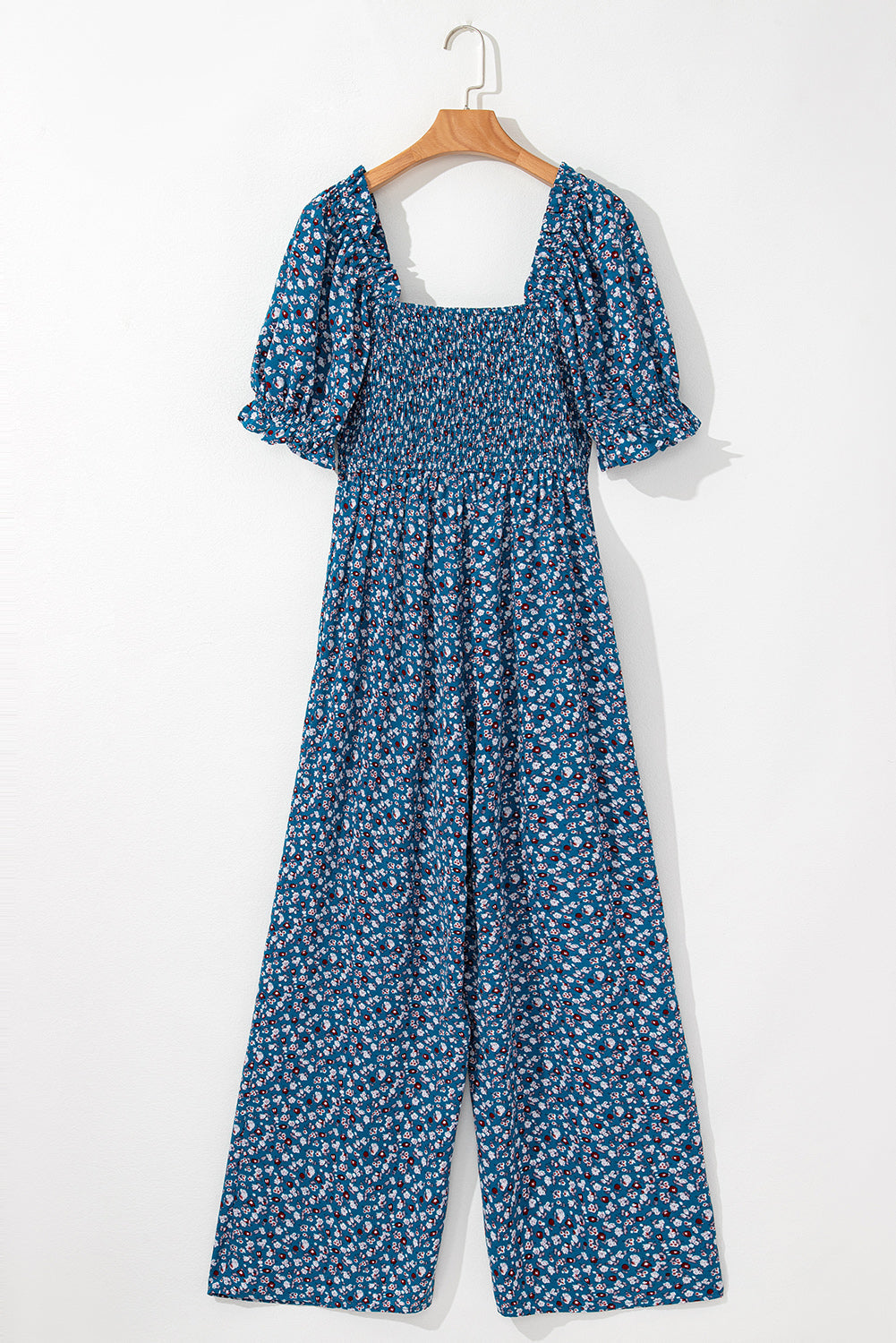 Blue Vintage Boho Floral Smocked Short Puff Sleeve Wide Leg Jumpsuit eAura