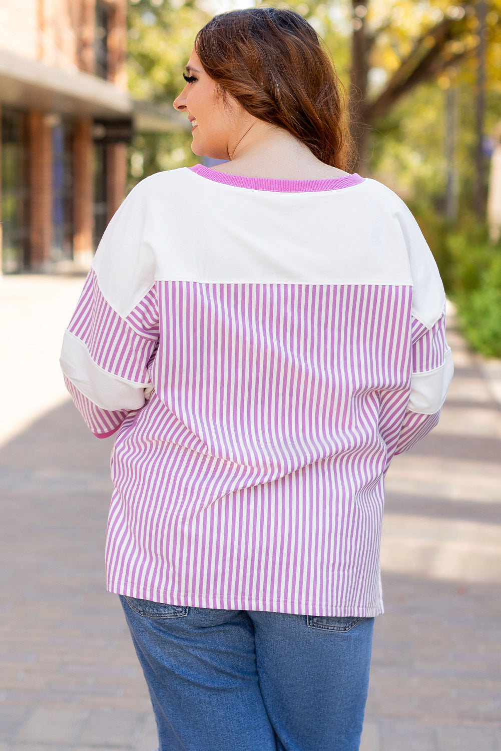 Pink Stripe Patchwork Bracelet Sleeve Plus Size T Shirt BB Fashion Outlet