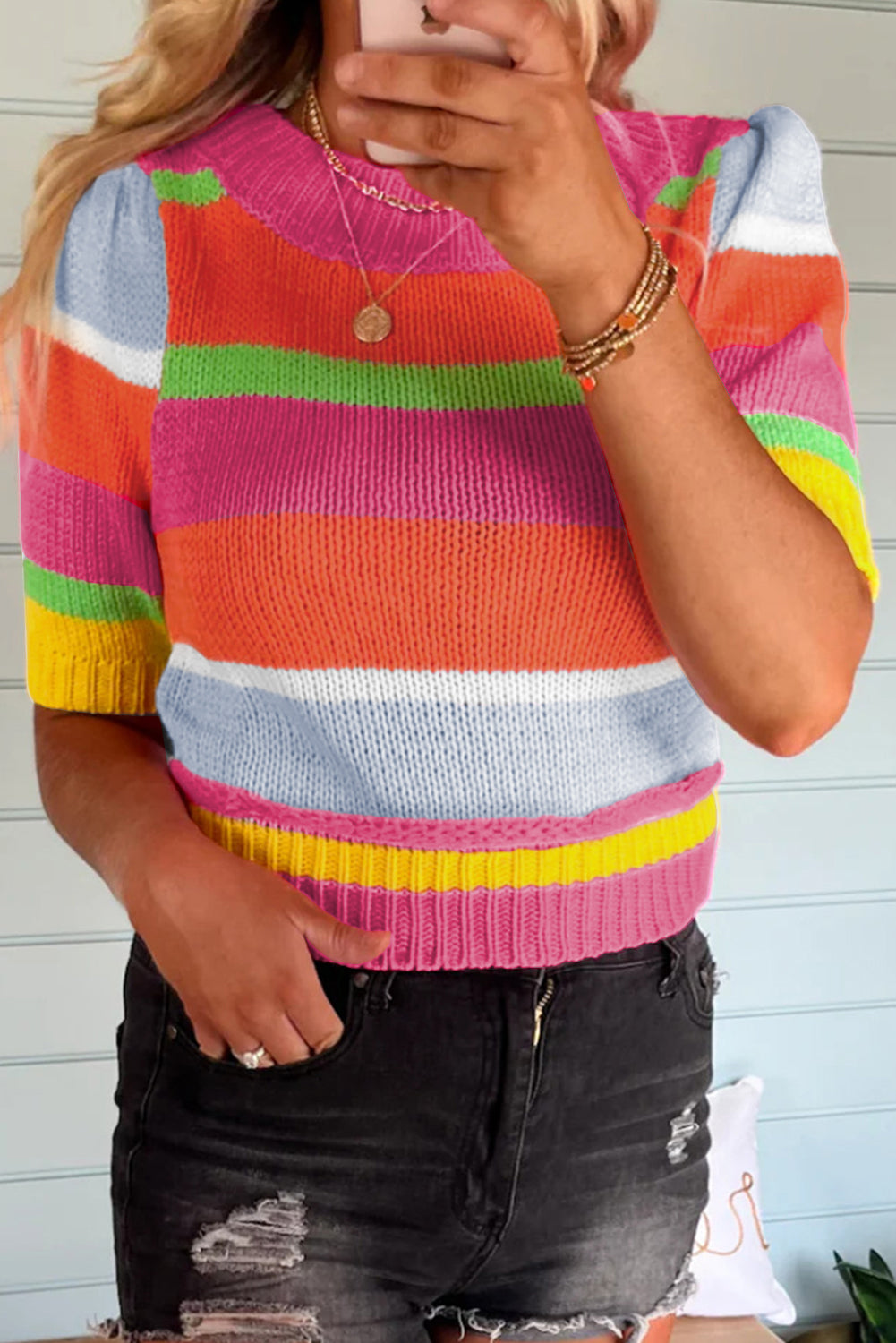 Multicolour Colour Block Cropped Short Sleeve Sweater eAura