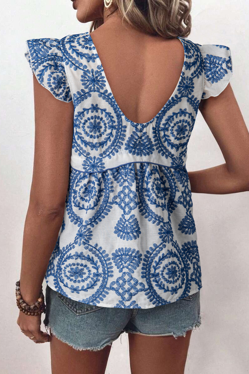 Blue Boho Print Flutter Sleeve Crew Neck Blouse eAura