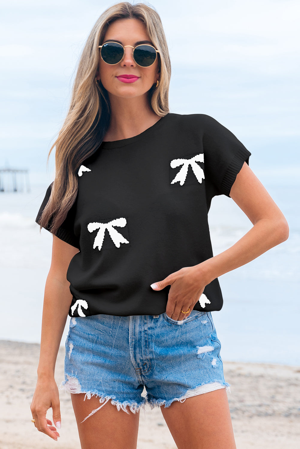Bow Pattern Knit Short Sleeve Black Sweater eAura