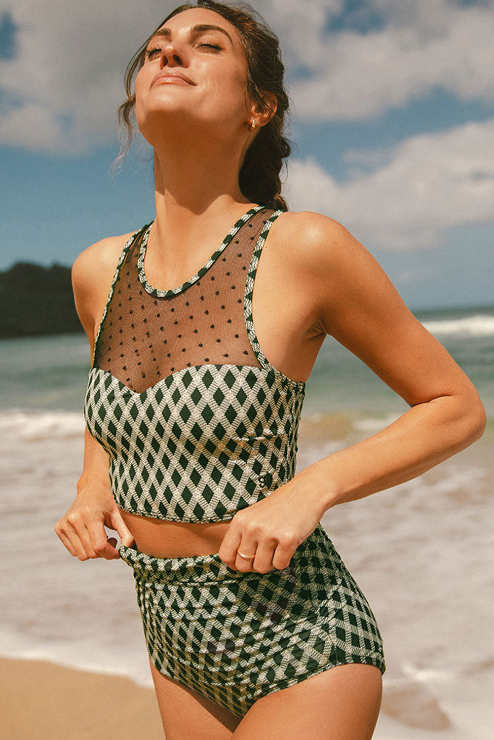 Green Dotted Mesh Plaid Patchwork High Waisted Bikini eAura