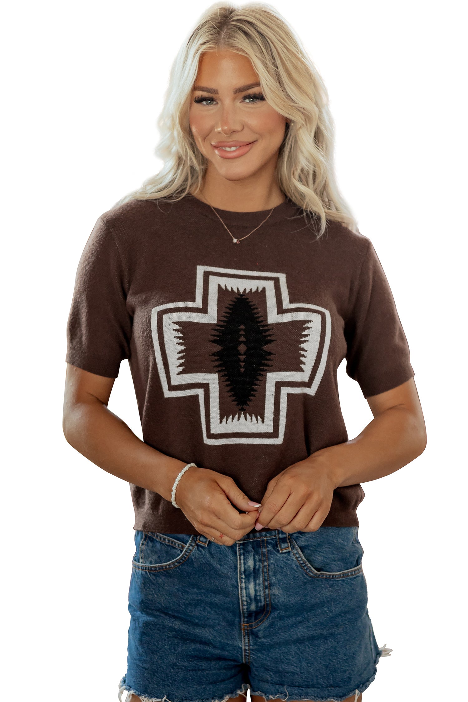 Western Print Short Sleeve Knit Casual Sweater – Brown