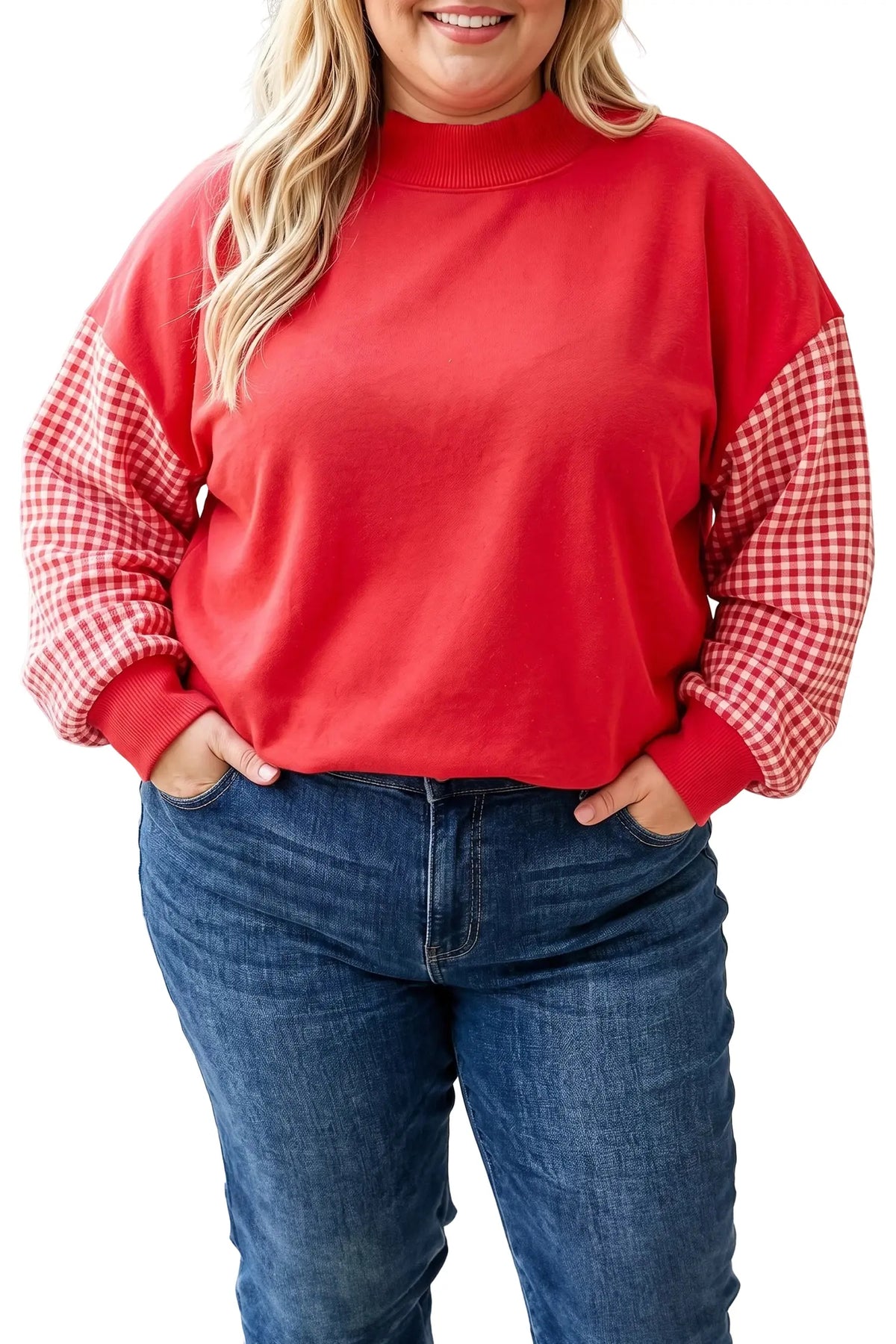 Patchwork Plaid Loose Fit Long Sleeve Plus Size Sweatshirt – Fiery Red