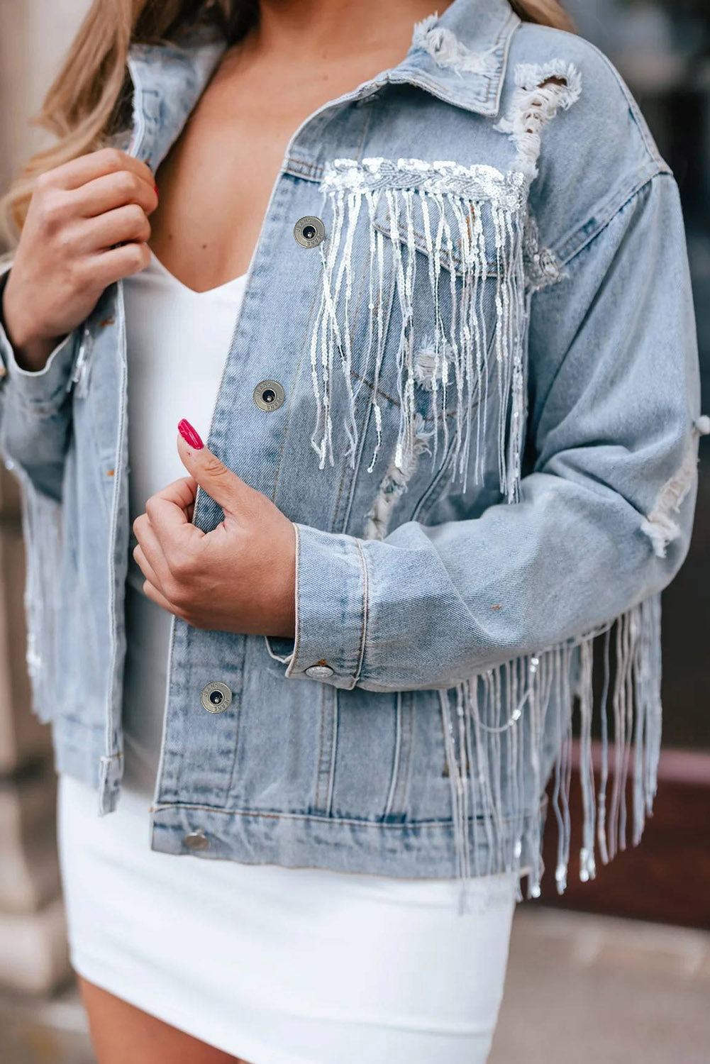 Sky Blue Sequin Embellished Fringe Distressed Denim Jacket Beagle Boutique Fashion Outlet