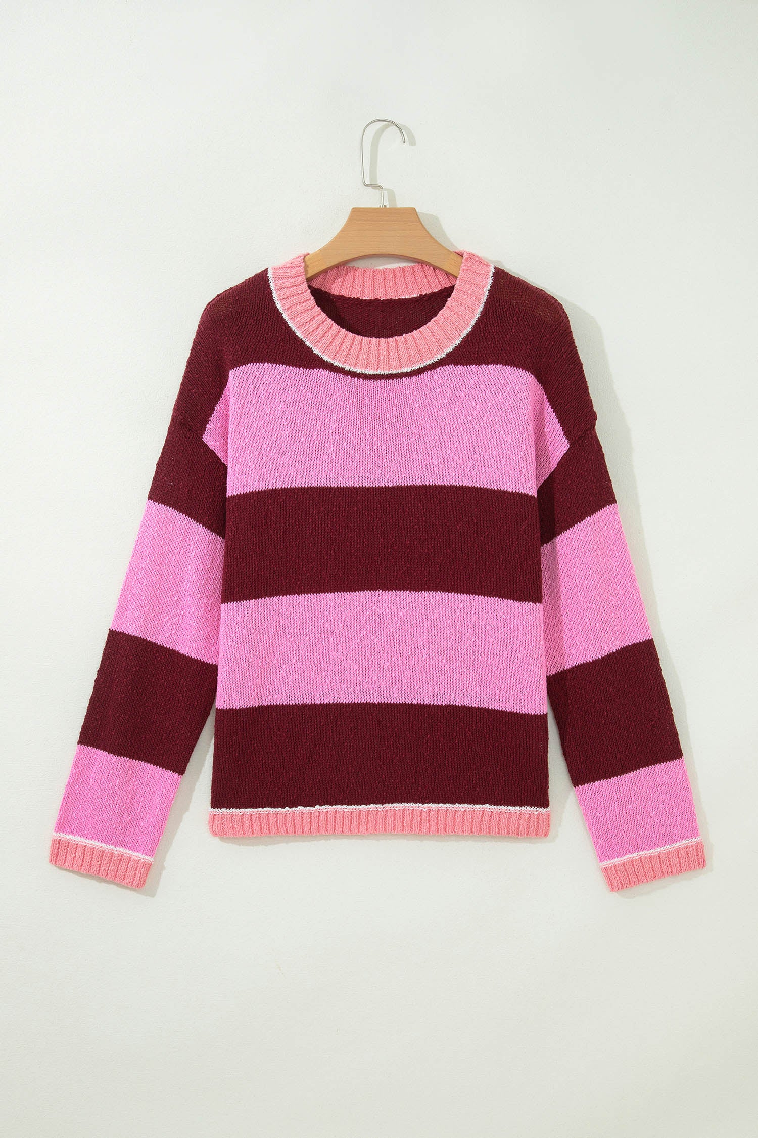 Striped Drop Shoulder Long Sleeve Pullover Regular Fit Knit Sweater – Pink Stripe