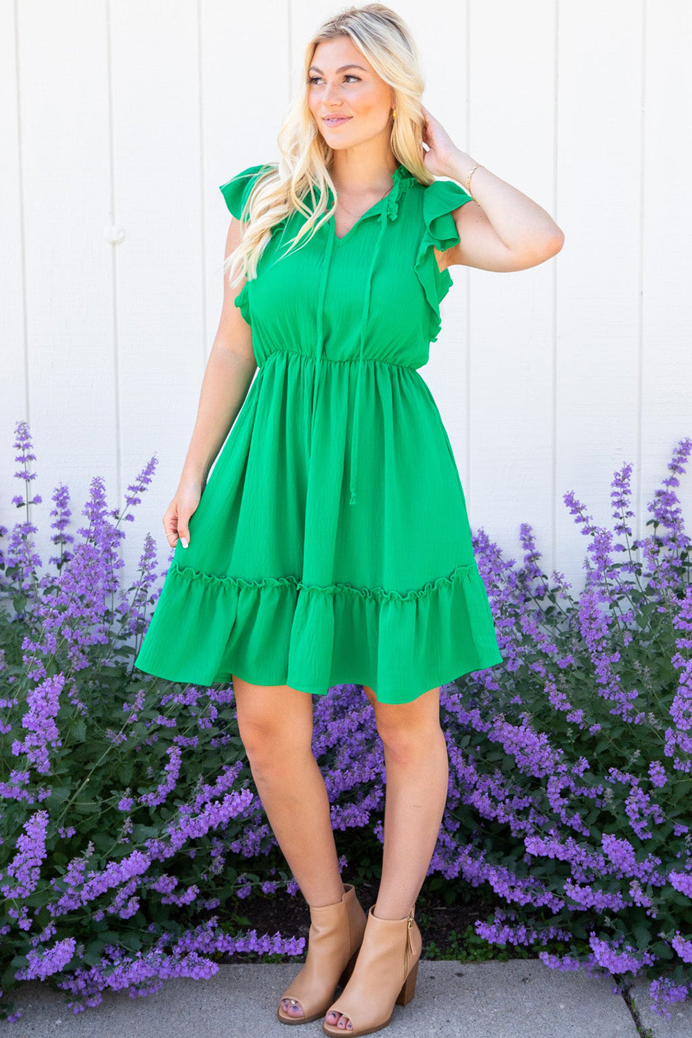 Bright Green Split V Neck Elastic Waist Ruffled Dress eAura