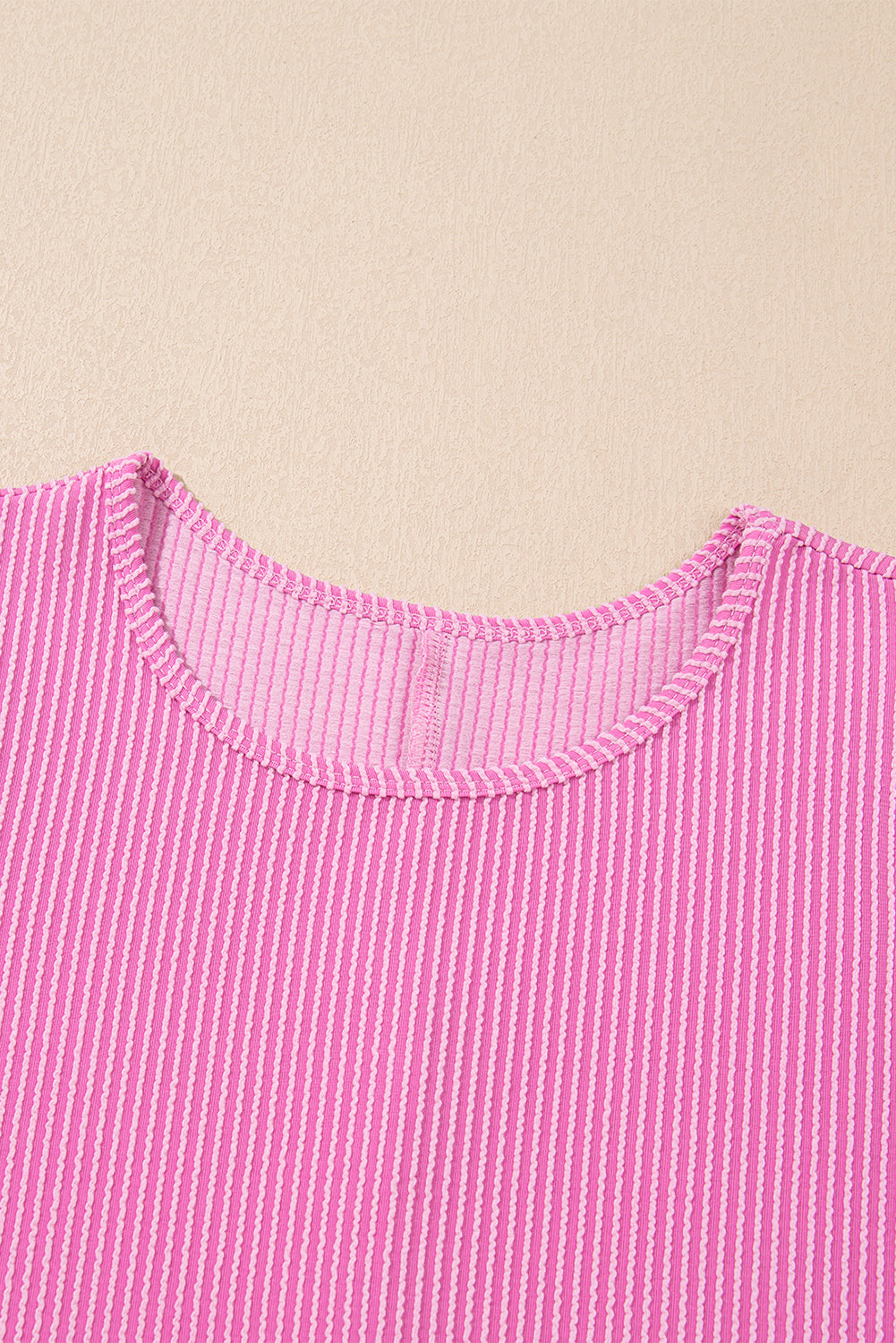 Bright Pink Ribbed Knit Crew Neck Puff Sleeve Shift Mini Dress eAura