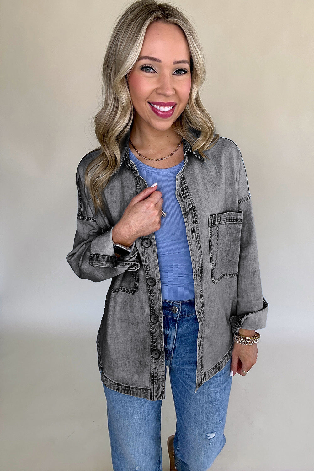 Medium Grey Mineral Wash Patched Pocket Split Denim Jacket eAura