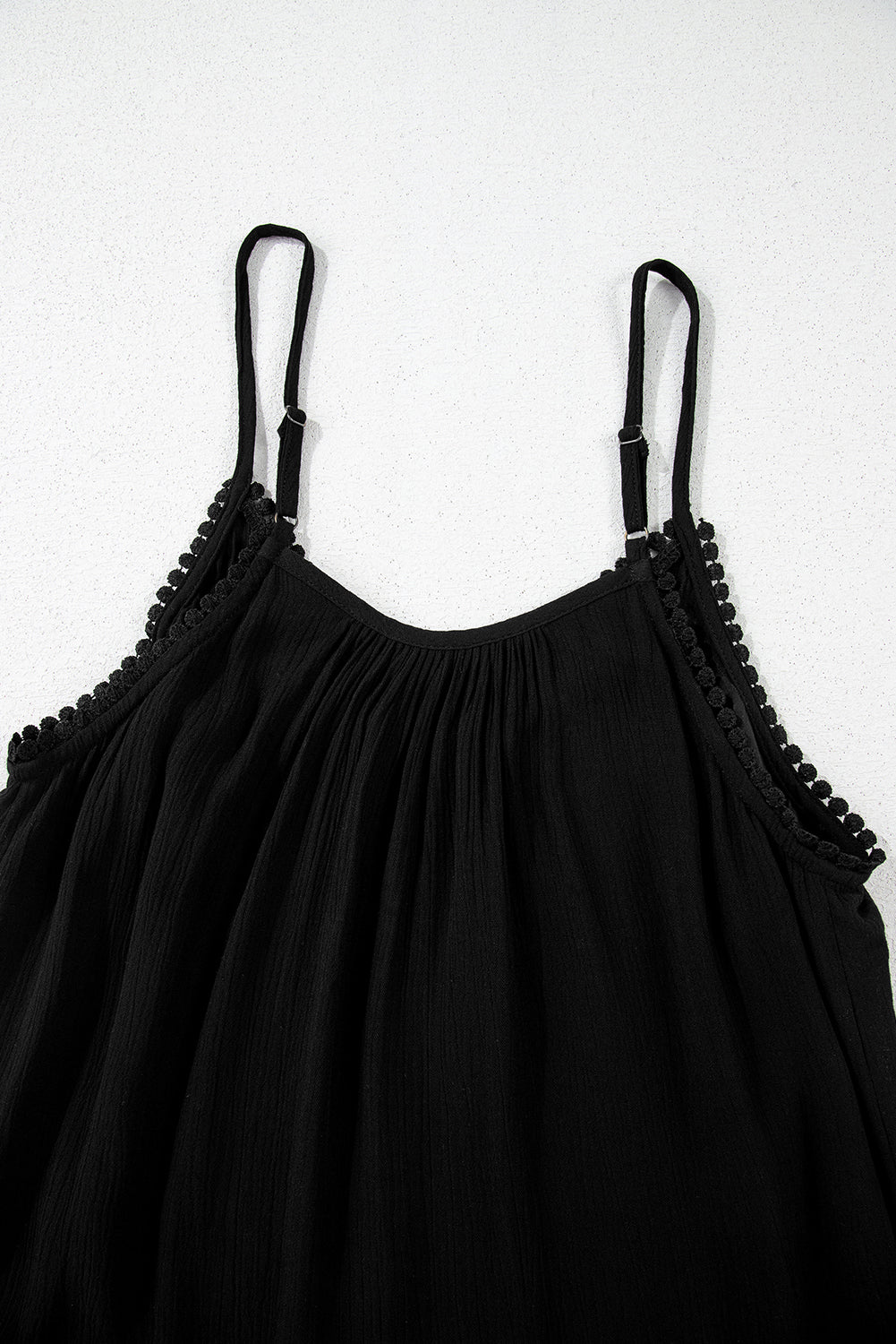 Black Floral Embroidery Ruffled Spaghetti Straps Tank Top eAura