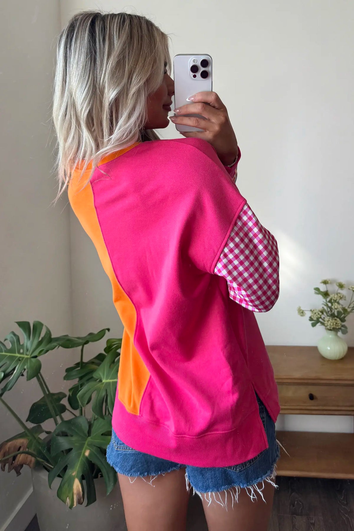 Colourblock Gingham Sleeve Crewneck Sweatshirt – Rose Red