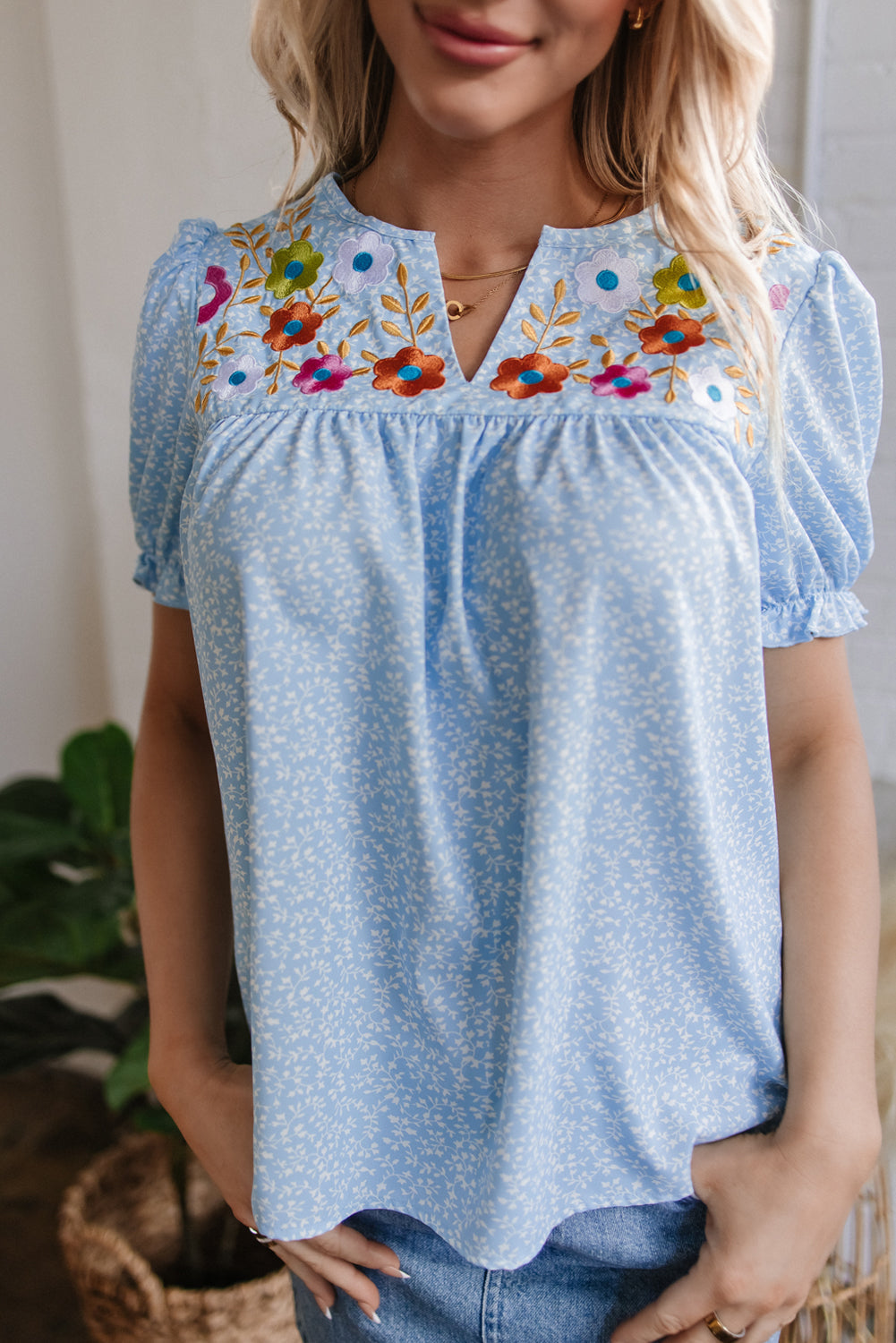Sky Blue Floral Embroidered Puff Sleeve Notched V Neck Blouse eAura