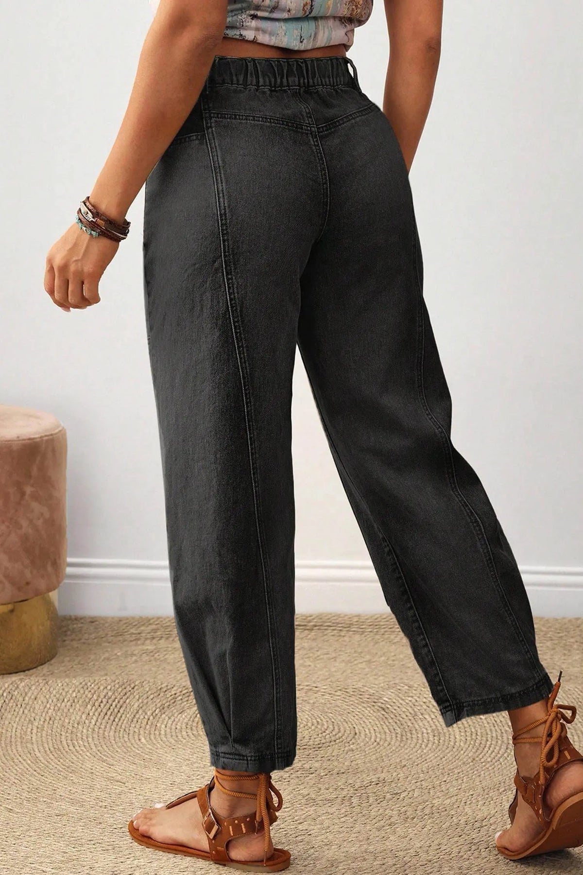 Decorative Seam Patchwork Detail Solid Colour Jeans