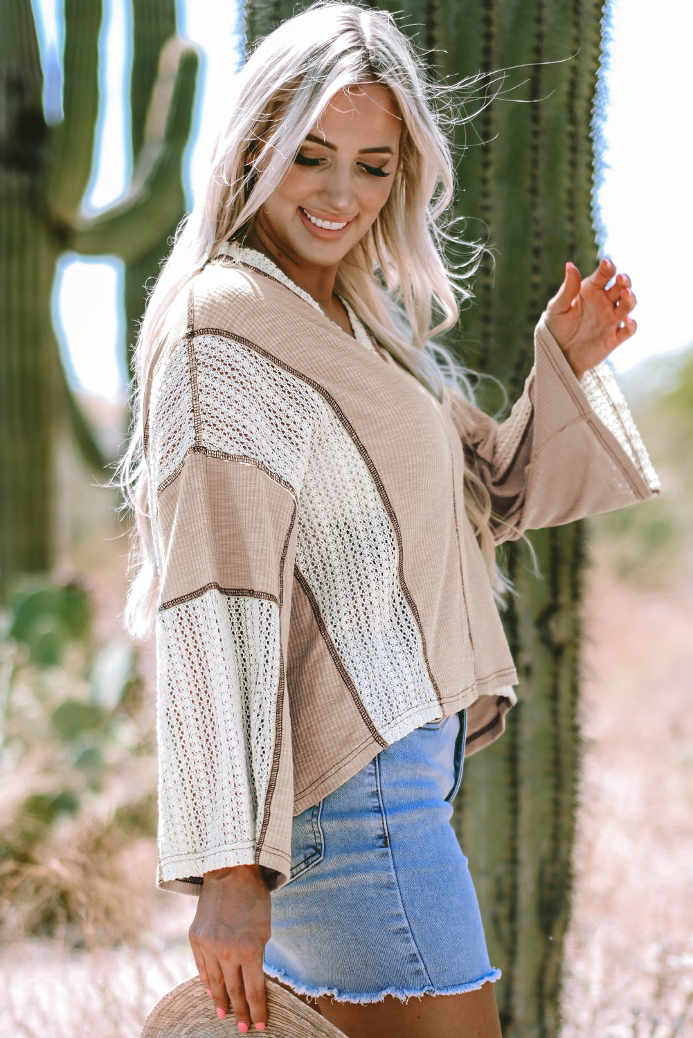 Parchment Crochet Detail Exposed Seam High Low Loose Top BB Fashion Outlet