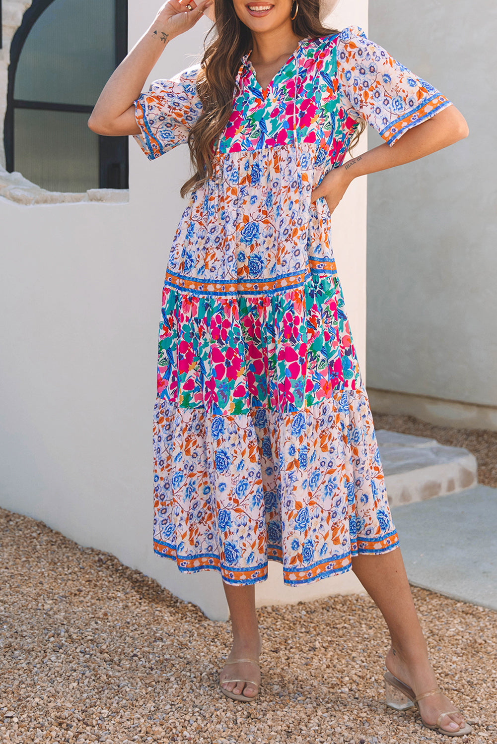 Sky Blue Mixed Floral Print Tie Split Neck Short Sleeve Dress eAura