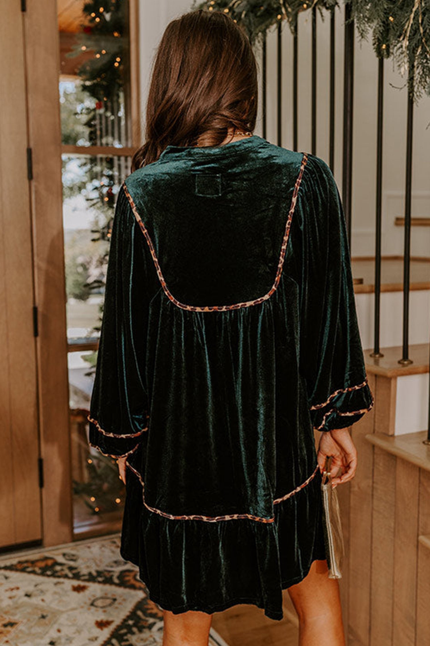 Leopard Trim Velvet Long Sleeve Shift Dress – Blackish Green