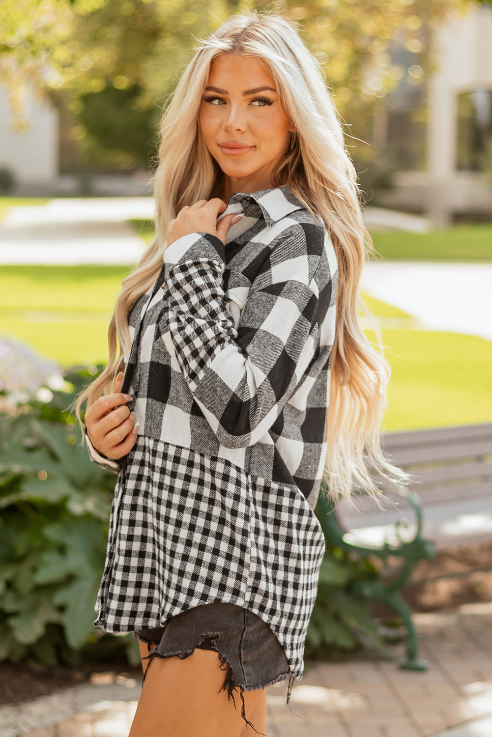 Black Double Plaid Patchwork Drawstring Hooded Shacket eAura