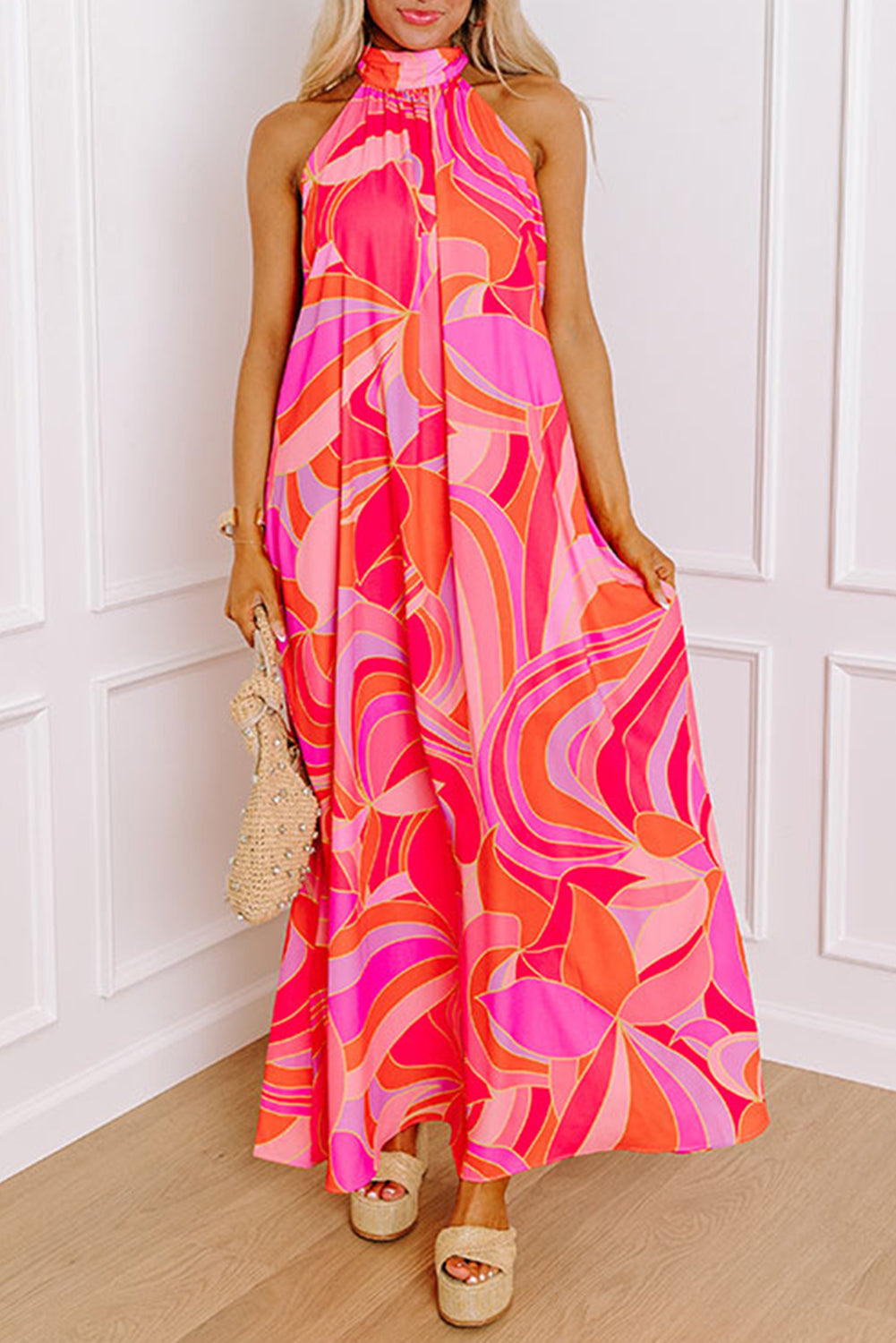 Rose Abstract Printed High Neck Knotted Nape Sleeveless Maxi Dress eAura
