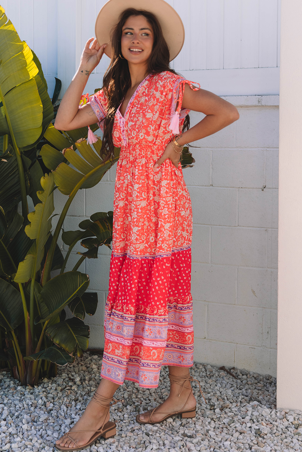 Red Floral Print Tasseled Tied Sleeve Empire Waist Maxi Dress eAura