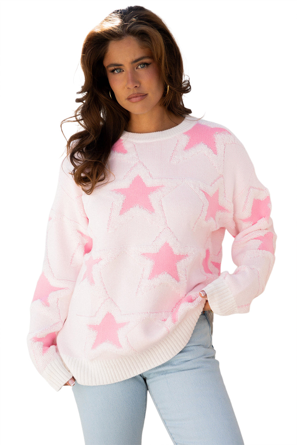 Pink Oversized Cute Star Pattern Ribbed Edge Drop Shoulder Sweater - eAura