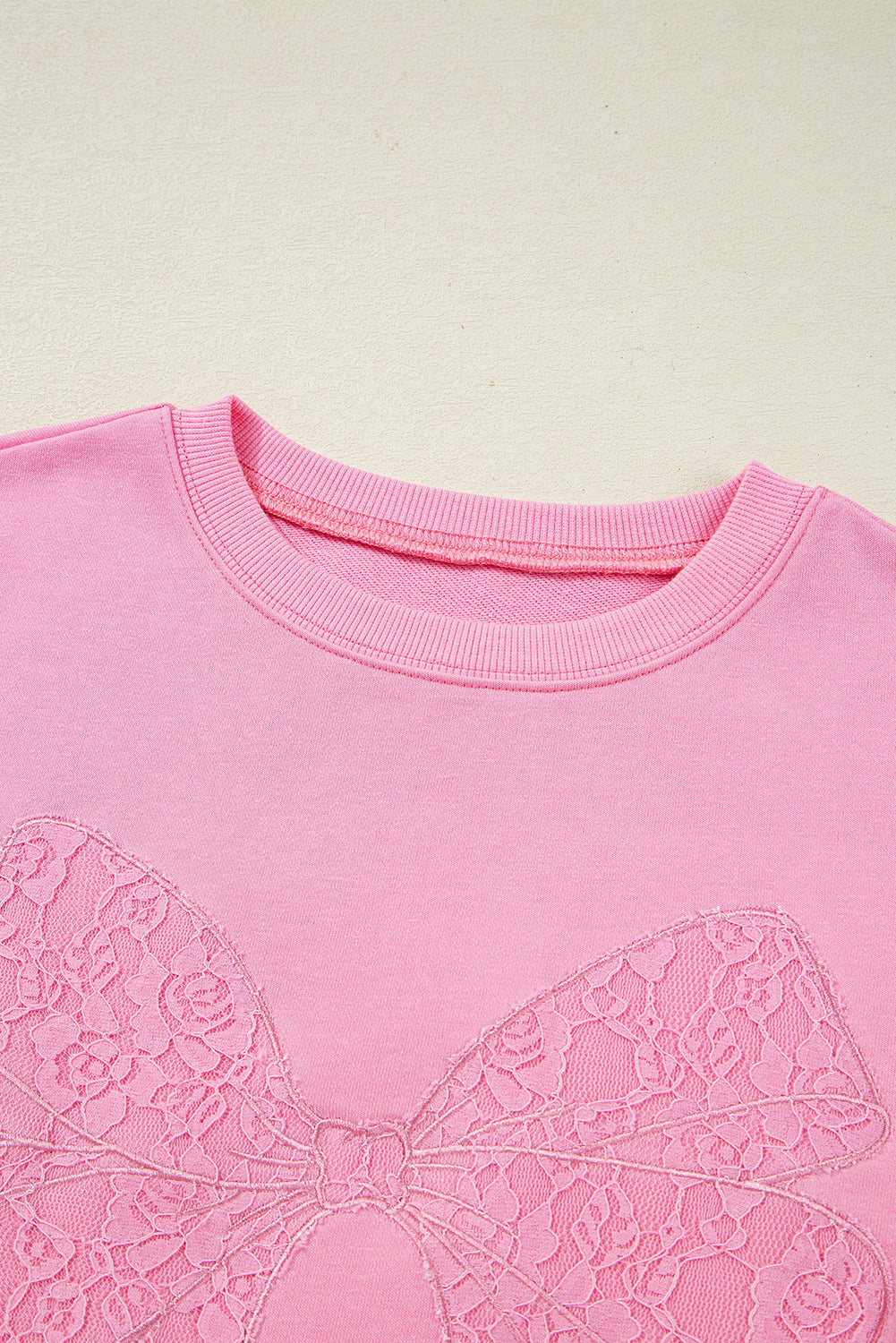 Lace Insert Bow Embroidered Exposed Seam Sweatshirt - eAura